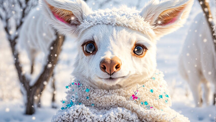 Cute cartoon deer in a scarf in the snow