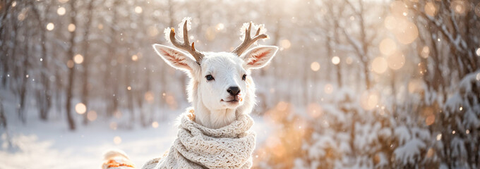Cute cartoon deer in a scarf in the snow