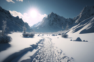 Winter in mountains, snow blankets peaks, crisp air, skiing fun, cozy lodges, wildlife, and frozen waterfalls.