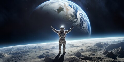 Astronaut Greeting: Earth Majestic Rise from the Moon Serene Surface - obrazy, fototapety, plakaty