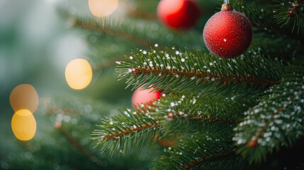 Fototapeta na wymiar Christmas tree with lights and ornaments, close-up.