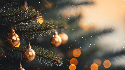 Obraz na płótnie Canvas Christmas tree with lights and ornaments, close-up.