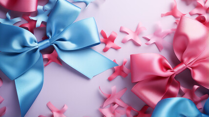 Gender reveal party, he or she, blue and pink colors, congratulations celebrate newborn baby pregnancy surprises baloons cake gifts confetti banner poster copy space background greeting card.