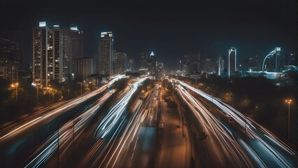 Fototapeta na wymiar Highway in the city at night. Long exposure shot with long exposure.