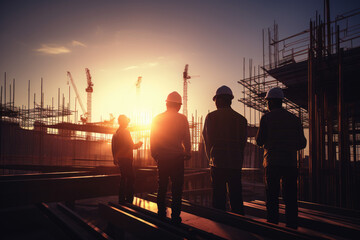 Fototapeta premium Silhouette Team of Business Engineers in construction site at sunset