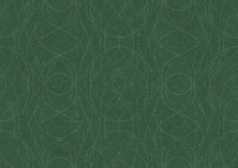 Hand-drawn unique abstract symmetrical seamless ornament. Bright semi transparent green on a deep warm green background. Paper texture. Digital artwork, A4. (pattern: p10-2b)