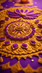 Colorful diwali diya on purple background. close up