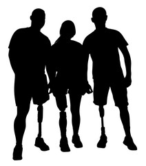 Silhouette of a group of people with prosthetic legs clipart. Disabled people without a leg. People who lost a leg in the war.