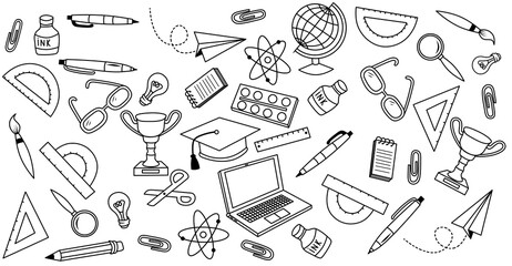 Painted background of office supplies. Back to school concept. Science and education background. First day of school equipment, education items. Chemistry, notebook, geometry, scissors, stationery.