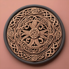 3d render of oriental pattern on round plate on pink background
