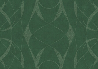 Hand-drawn unique abstract symmetrical seamless ornament. Bright semi transparent green on a deep warm green background. Paper texture. Digital artwork, A4. (pattern: p10-3a)