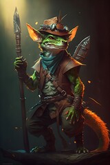 full length Full body rust colored male kobold green pointed ranger hat bow in the back glass arrow in a quiver DD style mystic lighting detailed UHD octane render illustration dramatic lighting  - obrazy, fototapety, plakaty