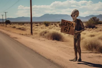 Alien hitch-hiking by the side of the road and holding a sign that says "Area 51" in New Mexico © IB Studio
