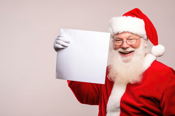 Smiling Santa Claus pointing on blank advertisement banner