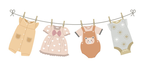 Cartoon cute children's clothes dry on a line with clothespins. Hand drawn vector illustration of baby dress, romper. Clean washed clothes on the dryer.