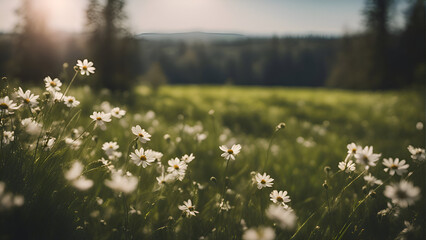 White daisies on a green meadow in the mountains. - obrazy, fototapety, plakaty