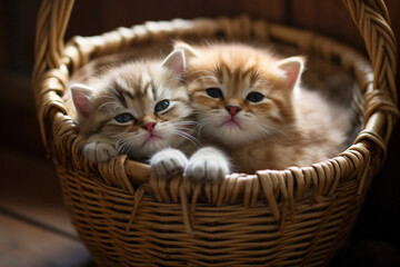 Two adorable cats snuggled up together inside a basket, creating a heartwarming sight.