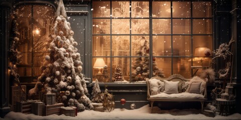 Festive Storefront Delight: A Christmas Tree Wonderland in a Shop Window