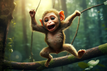 Endearing monkey showcasing its dance skills while perched on a tree branch in a lively forest.