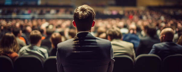 Speaker at Business convention and Presentation, rear view of participants in audience