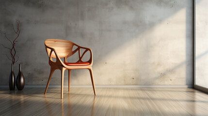 Leather, wooden chair. Modern designer chair on a background of a gray concrete wall.