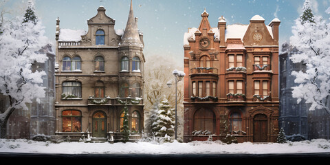 Two tall downtown buildings covered in snow; in the style of miniature movie sets