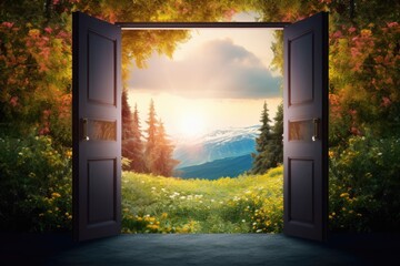 An open door showing the path to a new land. - obrazy, fototapety, plakaty