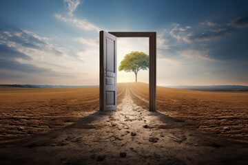An open door showing the path to a new land. - obrazy, fototapety, plakaty