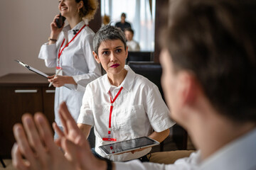 group of people caucasian women man prepare for business conference