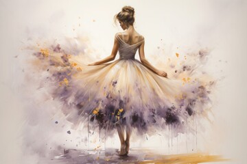 graceful girl in a ballet dress drawn in watercolor back