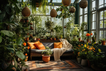 Fototapeta na wymiar Home garden interior filled a lot of beautiful plants