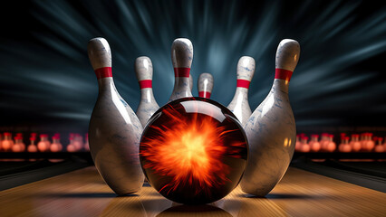 The bowling ball is ready to be hit. Image of a bowling ball hitting pins and exploding.	
 - obrazy, fototapety, plakaty