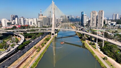 Fototapeta na wymiar Cable Bridge At Downtown In Sao Paulo Brazil. Cityscape Bridge. Traffic Road. Sao Paulo Brazil. Urban Landscape. Cable Bridge At Downtown In Sao Paulo Brazil.