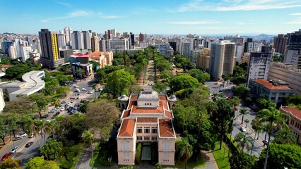 Aerial view of downtown Belo Horizonte Minas Gerais Brazil. Landmark of city. Tourism landmark. Historic buildings of city.
