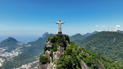 Christ The Redeemer At Corcovado Mountains In Rio De Janeiro Brazil. Mountains Corcovado Skyline....
