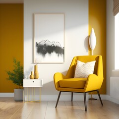living room mockup with an accent chair that is mustard The room should be spacious The walls should be White and there should be NO frames mustard neutral color boho chic natural light realistic 