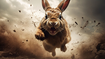 An aggressive hare runs on the sand and loads on the camera