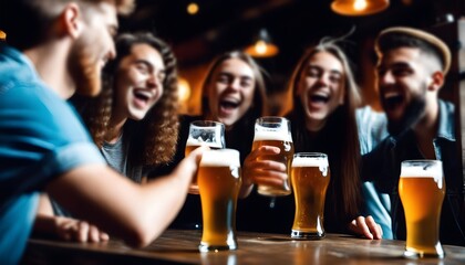 Junge fröhliche Menschen trinken Bier - obrazy, fototapety, plakaty
