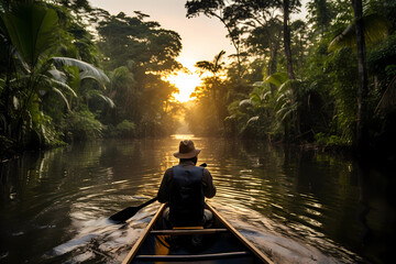 Brazilian Amazon Guides, intimately acquainted with the dense rainforest, lead eco-tourists on immersive journeys through this biodiverse wonderland - obrazy, fototapety, plakaty