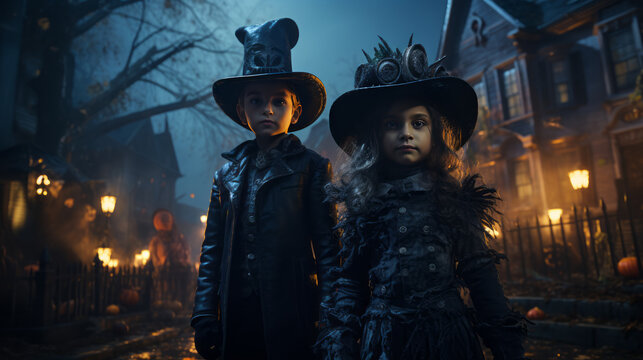 Children in costumes of witch in front of a spooky house in holiday Halloween.