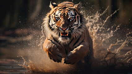 An aggressive tiger runs on the sand and download to the camera	
