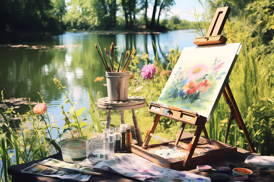 Summer Watercolor Painting - Set up an outdoor studio with watercolor paints and paper, capturing the vibrant colors of summer landscapes like lakes, gardens, or seascapes