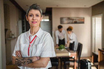 woman businesswoman senior caucasian female manager or entrepreneur prepare for conference or...