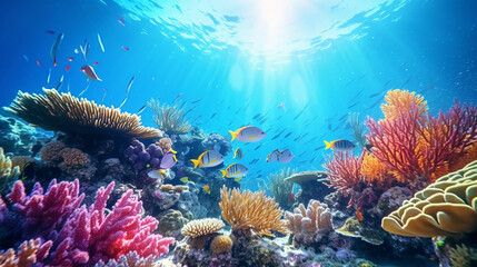 Colorful soft corals swaying among a multitude of vibrant fish in a tropical underwater paradise.