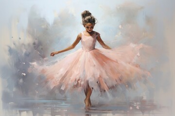 graceful girl in a ballet Peach Fuzz  dress drawn in watercolor - obrazy, fototapety, plakaty