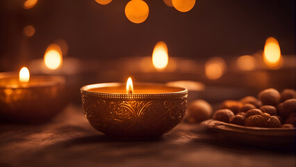 Obraz na płótnie Canvas Diwali or Deepawali glowing diya made using oil lamp and nuts