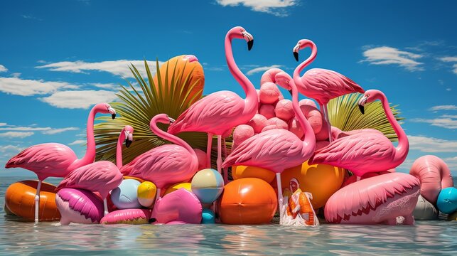 summer on the beach with flamingos and coconut trees and colorful vector