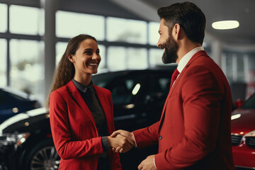 Woman receiving keys of her new car from dealer