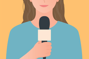 female reporter holding a microphone; reporting news, ininterview concept -vector illustration
