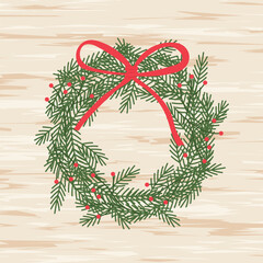 christmas wreath on wooden door -vector illustration